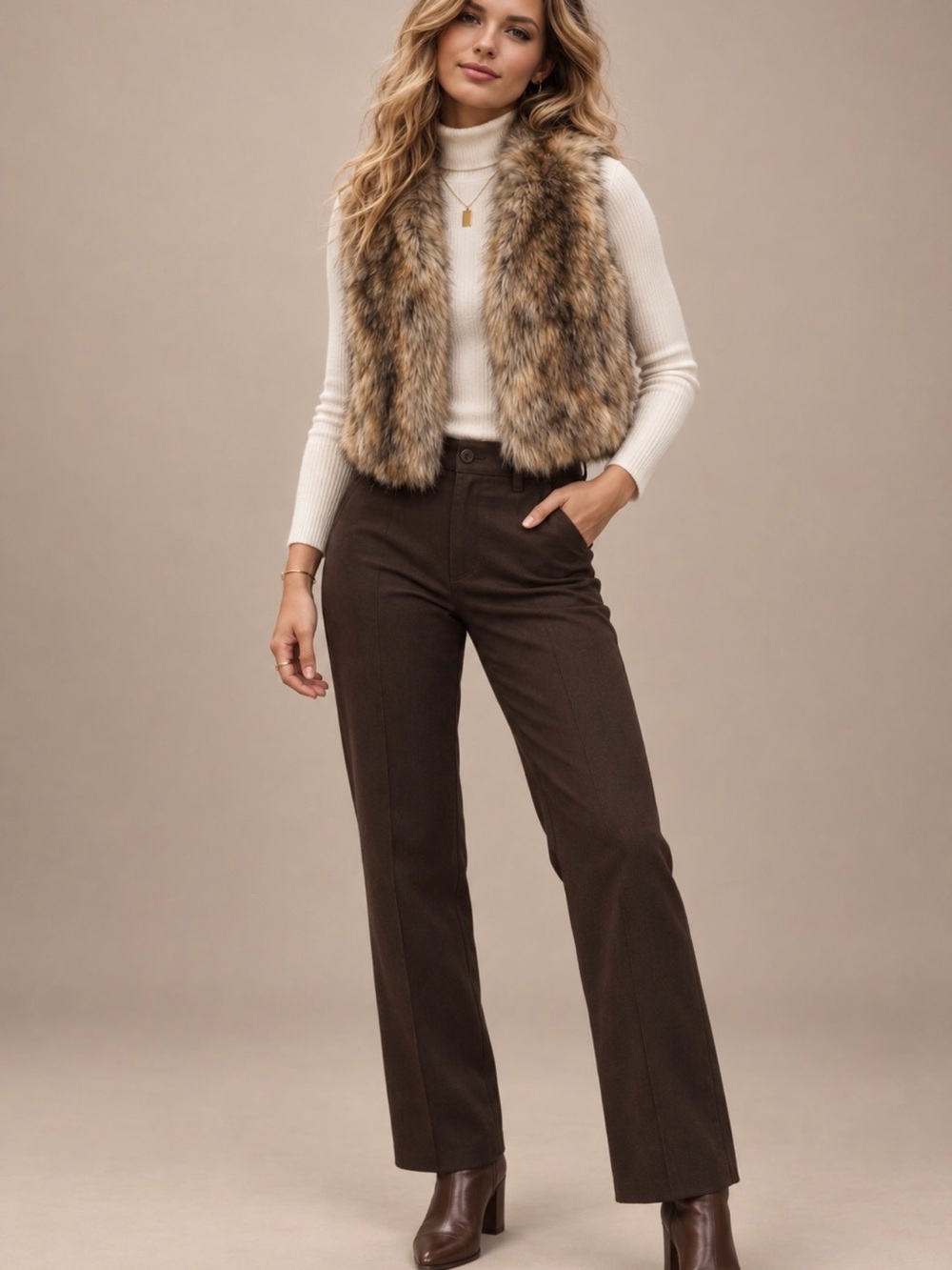 Boston Proper Women’s Faux Fur Vest Brown Taupe Boho Size Small Layering